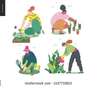 Gardening people set, spring -modern flat vector concept illustration of diverse people -men and women, doing hobby garden work -watering, planting, cutting, hoeing, arranging Spring gardening concept