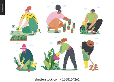 Gardening people set, spring -modern flat vector concept illustration of diverse people -men and women, doing hobby garden work -watering, planting, cutting, hoeing, arranging Spring gardening concept