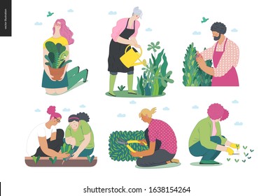 Gardening people set, spring -modern flat vector concept illustration of diverse people -men and women, doing hobby garden work -watering, planting, cutting, hoeing, arranging Spring gardening concept