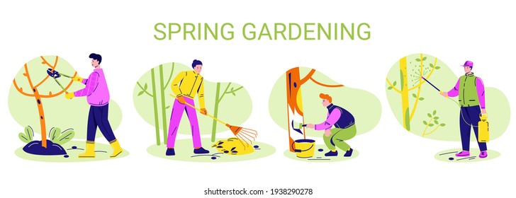 Gardening people set. Spring work in the garden, tree pruning, spraying, whitewashing, cleaning. Vector illustration in flat style.