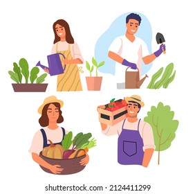 Gardening people set vector. Man and woman planting vegetable in garden