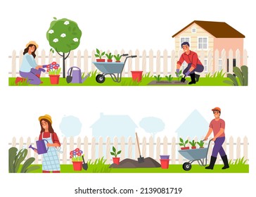 Gardening people set vector. Spring man and woman gardening.