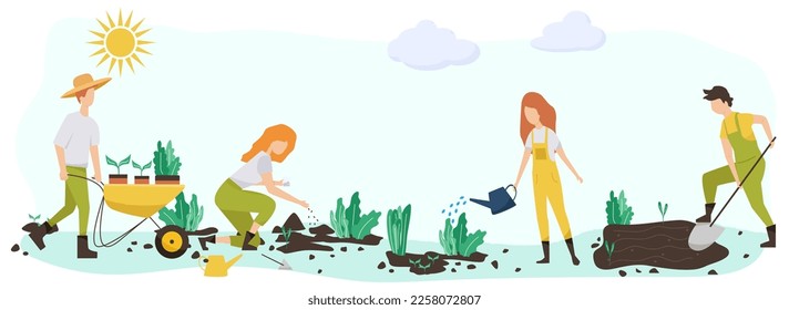 Gardening people spring. flat vector concept illustration women, doing hobby garden work.Spring gardening concept