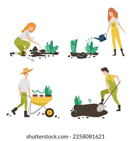 Gardening people spring. flat vector concept illustration women, doing hobby garden work.Spring gardening concept