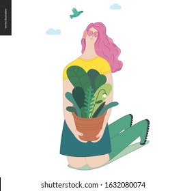 Gardening people, spring - modern flat vector concept illustration of a young pink-hired woman sitting on the ground on her knees holding a pot with a plant. Spring gardening concept