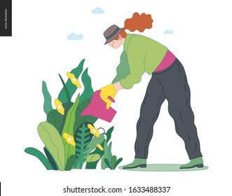 Gardening people, spring - modern flat vector concept illustration of a young red-hired woman wearing green rubber boots and a hat, watering plants. Spring gardening concept