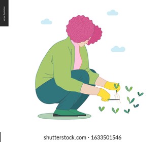 Gardening people, spring - modern flat vector concept illustration of a red-hired woman sitting on the ground in the squatting position cutting sprouts. Spring gardening concept