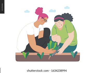 Gardening people, spring - modern flat vector concept illustration of two young women sitting on the ground in squatting position planting a plant into the soil with a scoop. Spring gardening concept