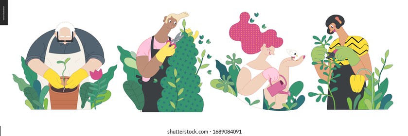 Gardening people, spring - modern flat vector concept illustration of people in the garden wearing aprons and gloves, gardening, watering, planting, cutting branches. Spring gardening concept