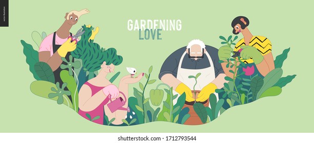 Gardening people, spring - modern flat vector concept illustration of people in the garden wearing aprons and gloves, gardening, watering, planting, cutting branches. Spring gardening concept