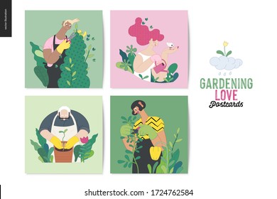 Gardening people, spring - concepto moderno de vector plano ilustró las tarjetas de felicitación de las personas en el jardín usando delantales y guantes, jardinería, riego, siembra, ramas de corte. Concepto de jardinería