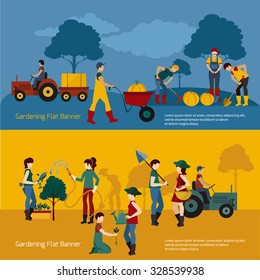 Gardening people with working tools horizontal banner set isolated vector illustration