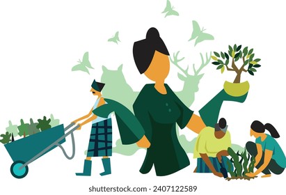 Gardening peoples vector illustration, green farming, sustainable