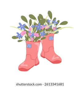 Gardening pink boots with wildflowers inside. Simple hand drawn cartoon vector illustration. Spring, summer  print collection for stickers, packaging, web icons, textiles, seasonal decorations