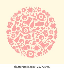 gardening pink icons arranged in circle shape on white background