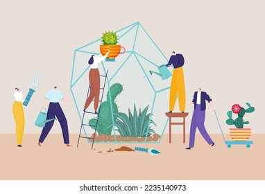 Gardening plant in florarium, vector illustration, flat tiny man woman character work with houseplant, decorative green flora in glass jar.