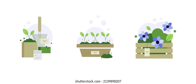 Gardening, plant growing, flowers. Set of cute illustrations. Vector file.