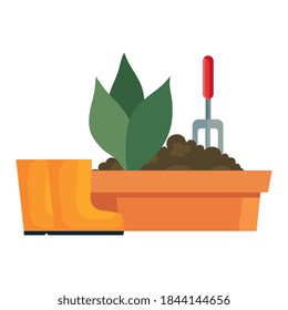 Gardening plant inside pot with rake and boots design, garden planting and nature theme Vector illustration