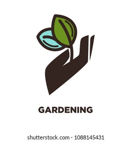 Gartenpflanzenblatt mit Hand, Vektorsymbol