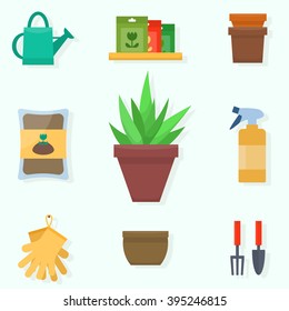 Gardening. Plant in pots with tools. Flat style vector illustration.