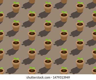 Gardening plant seedling or sprout in pot 3D isometric seamless pattern, Conservation environment concept poster and banner design illustration isolated on beige background with copy space, vector eps