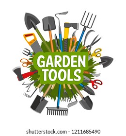 Gardening, planting and agriculture tools, equipment. Shovel, rake and trowel, scissors, spade and axe, saw, fork and sickle round badge, pruner, decorated with spring plant and green grass