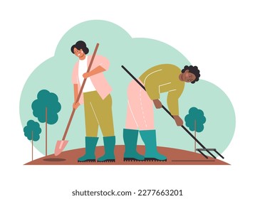 Gardening and planting. Character taking care of plants and vegetables. Organic farm worker planting seedling. Horticulture business. Summer countryside landscape. Flat vector illustration