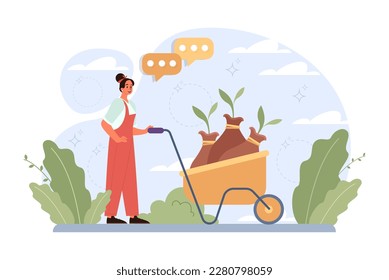 Gardening and planting. Character taking care of plants and flowers. Organic farm worker planting seedling. Summer natural landscape. Flat vector illustration