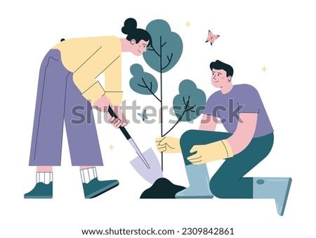 Gardening and planting. Character taking care of plants. Organic farm worker planting tree in soil. Reforestation program. Summer countryside volunteering. Flat vector illustration