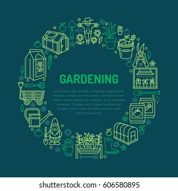 Gardening, planting and horticulture banner with vector line icon. Garden equipment, organic seeds, greenhouse, pruners watering can and other tools. Vegetables, flower cultivation thin linear poster