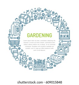 Gardening, planting and horticulture banner with vector line icon. Garden equipment, organic seeds, greenhouse, pruners watering can and other tools. Vegetables, flower cultivation thin linear poster.