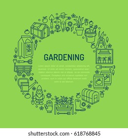 Gardening, planting and horticulture banner with vector line icon. Garden equipment, organic seeds, green house, pruners watering can and other tools. Vegetables, flower cultivation thin linear poster