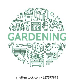 Gardening, planting horticulture banner with vector line icon. Garden equipment, organic seeds, green house, pruners watering can, tools. Vegetables, flower cultivation poster with place for text.