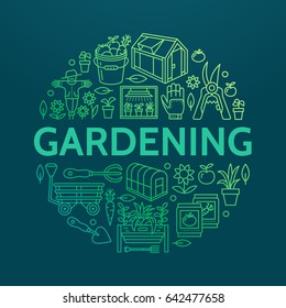 Gardening, planting horticulture banner with vector line icon. Garden equipment, organic seeds, green house, pruners watering can, tools. Vegetables, flower cultivation poster with place for text.