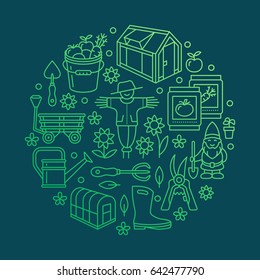 Gardening, planting, horticulture banner with vector line icon. Garden equipment, green house, scarecrow, pruners, watering can and other tools. Vegetables, flower cultivation poster for organic farm.