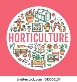 Gardening, planting horticulture banner with vector line icon. Garden equipment, organic seeds, green house, pruners watering can, tools. Vegetables, flower cultivation poster with place for text.