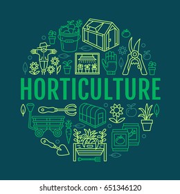 Gardening, planting horticulture banner with vector line icon. Garden equipment, organic seeds, green house, pruners watering can, tools. Vegetables, flower cultivation poster with place for text