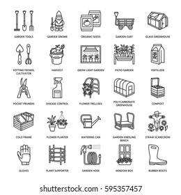 Gardening, planting and horticulture line icons. Garden equipment, organic seeds, fertilizer, greenhouse, pruners, watering can and other tools. Vegetables, flower cultivation linear signs.