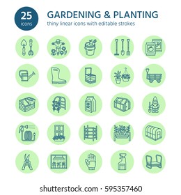 Gardening, planting and horticulture line icons. Garden equipment, organic seeds, fertilizer, greenhouse, pruners, watering can and other tools. Vegetables, flower cultivation linear signs.