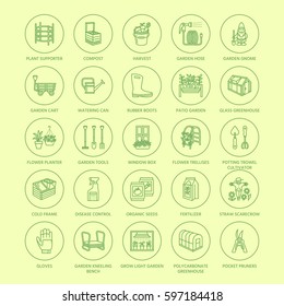 Gardening, planting and horticulture line icons. Garden equipment, organic seeds, fertilizer, greenhouse, pruners, watering can and other tools. Vegetables, flower cultivation linear signs.