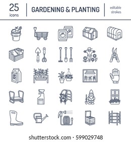 Gardening, planting and horticulture line icons. Garden equipment, organic seeds, fertilizer, greenhouse, pruners, watering can and other tools. Vegetables, flower cultivation linear signs