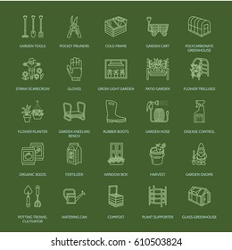 Gardening, planting and horticulture line icons. Garden equipment, organic seeds, fertilizer, greenhouse, pruners, watering can and other tools. Vegetables, flower cultivation linear signs.