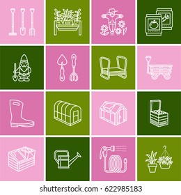 Gardening, planting and horticulture line icons. Garden equipment, organic seeds, fertilizer, greenhouse, pruners, watering can and other tools. Vegetables, flower cultivation linear signs.