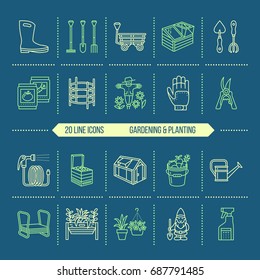 Gardening, planting and horticulture line icons. Garden equipment, organic seeds, fertilizer, greenhouse, pruners, watering can and other tools. Vegetables, flower cultivation linear signs.