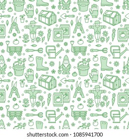 Gardening, planting and horticulture seamless pattern with vector line icons. Garden equipment, organic seeds, greenhouse, pruners, watering can, tools. Vegetables flower cultivation green background.