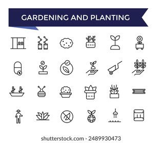 Gardening and Planting Icons set with editable stroke collection for web and ui. Line icons pack. Vector illustration.
