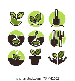 Gardening And Planting Icons Set Of Flower Plants Growth Stage Process And Gardener Tools. Vector Symbols Of Growing Tree Seed And Green Sprout, Garden Spade And Rake For Planting Horticulture