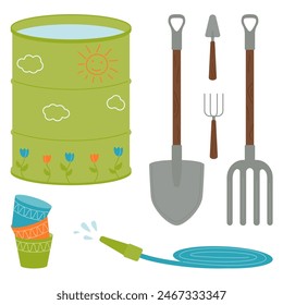 Gardening and planting kit - shovel, pitchfork, garden barrel, hose, empty pot. Vector illustration on a white background.