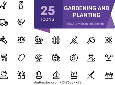 Gardening and Planting outline icons related to landscaping, farming. Linear icon collection. Editable stroke. Vector illustration.