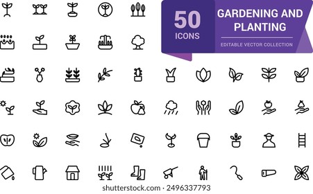 Jardinería y siembra iconos de contorno relacionados con el paisajismo, la agricultura. Colección de iconos lineales. Trazo editable. Ilustración vectorial.